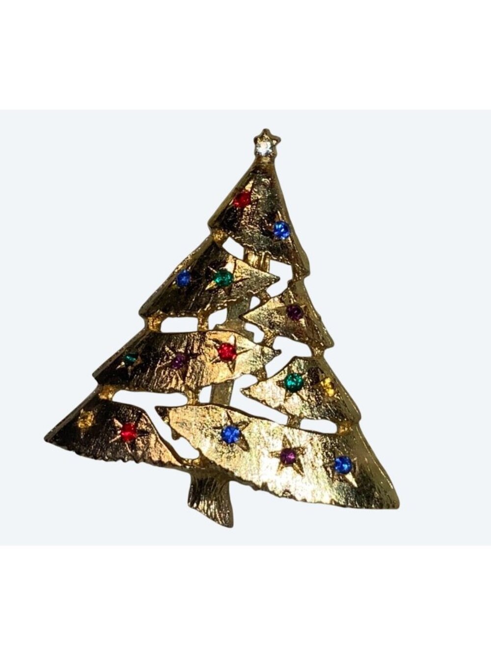 Christmas Tree Pin Brooch Vintage Multi Colored Rhinestone Brushed Gold Tone - Picture 2 of 10